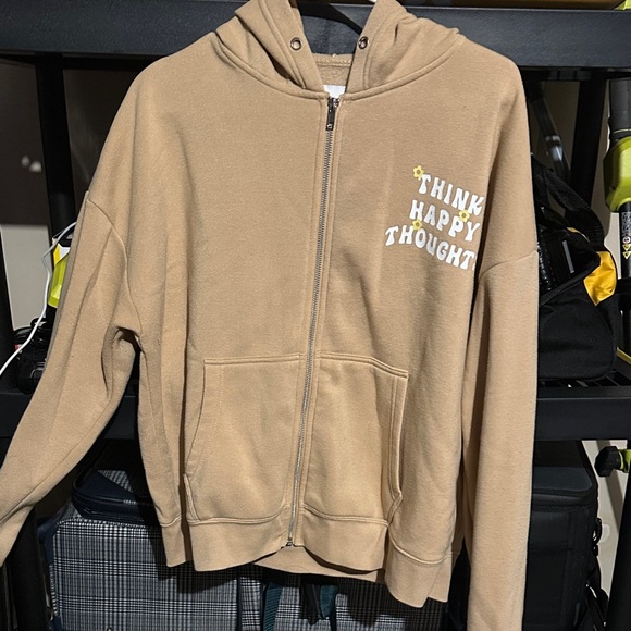 Cozy Tan Zip-Up Hoodie with Positive Message - Picture 1 of 3